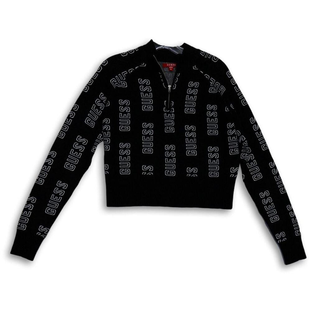 NEW GUESS BLACK WITH WHITE "GUESS" LOGO 1/4 ZIP CROPPED SWEATER XL